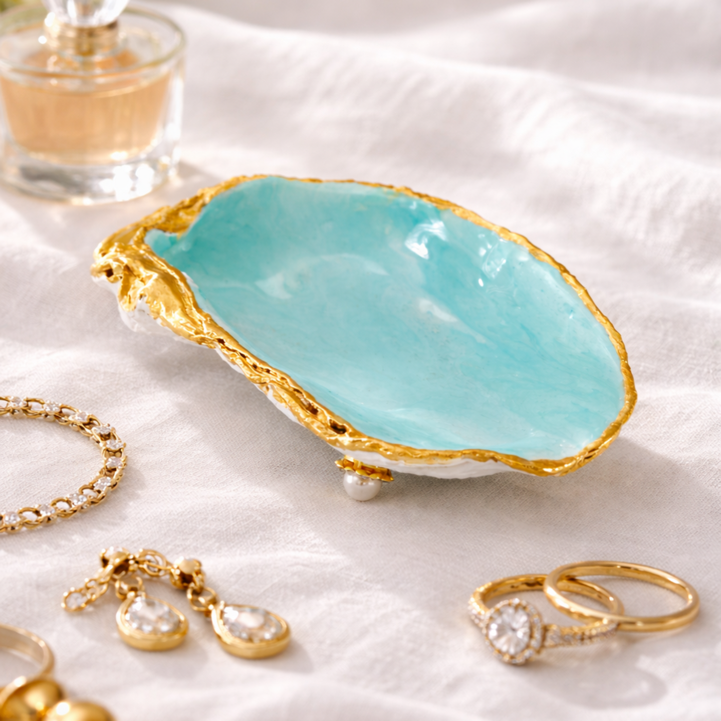 Oyster Shell Trinket Dish - Mint Green with Gold Edge & Pearl Feet
