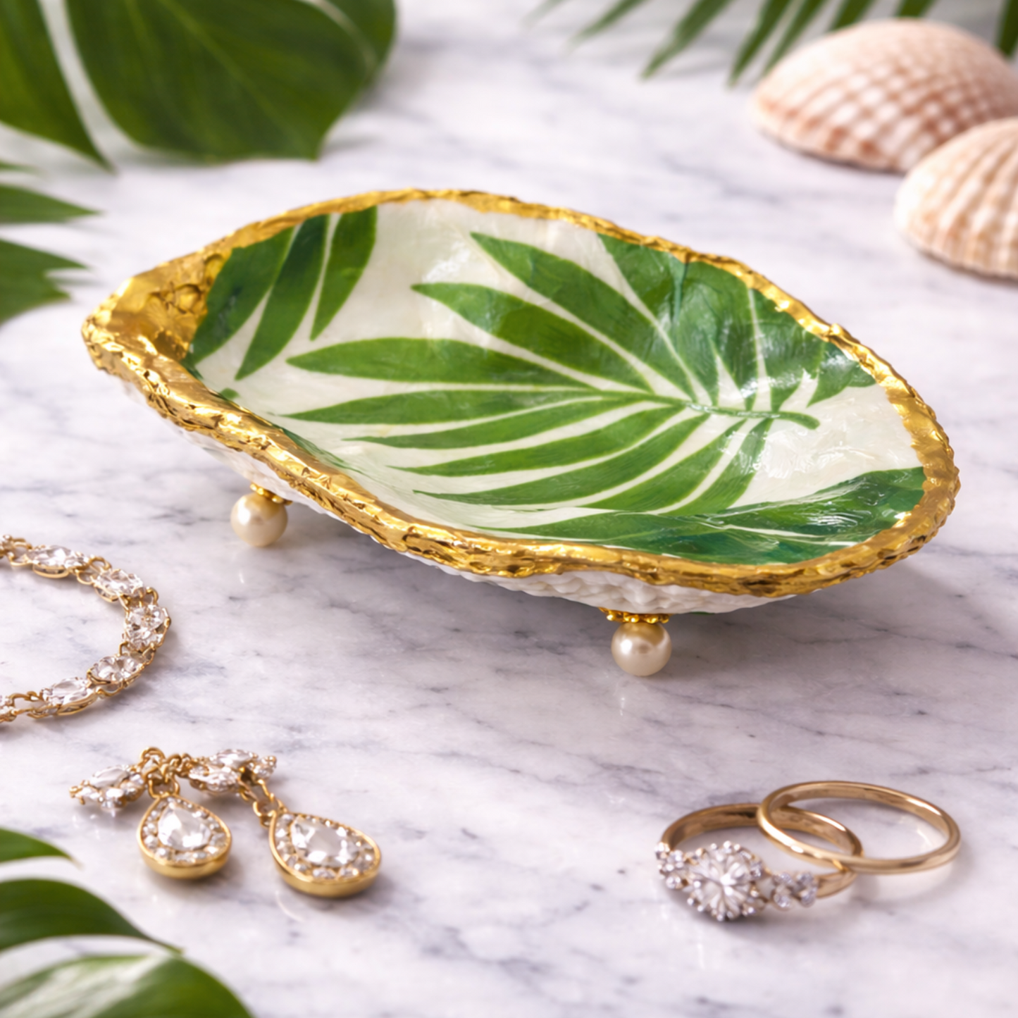 Oyster Shell Trinket Dish - Tropical Palm Leaf with Gold Edge & Pearl Feet