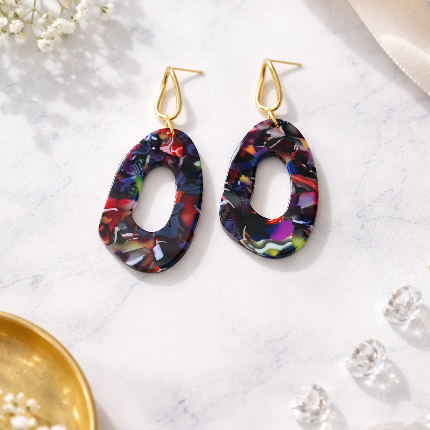 Multicolor Confetti Resin Open Oval Drop Earrings with Gold Studs